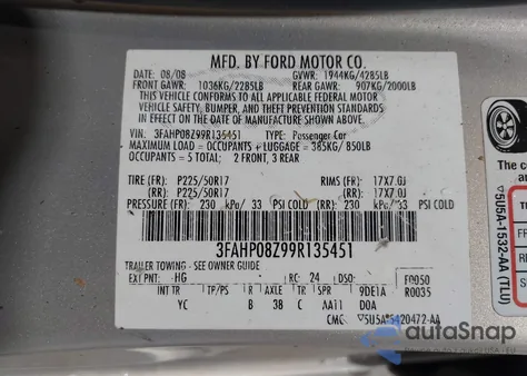 2009 Ford Fusion Sel из США, поврежденный, VIN 3FAHP08Z99R135451